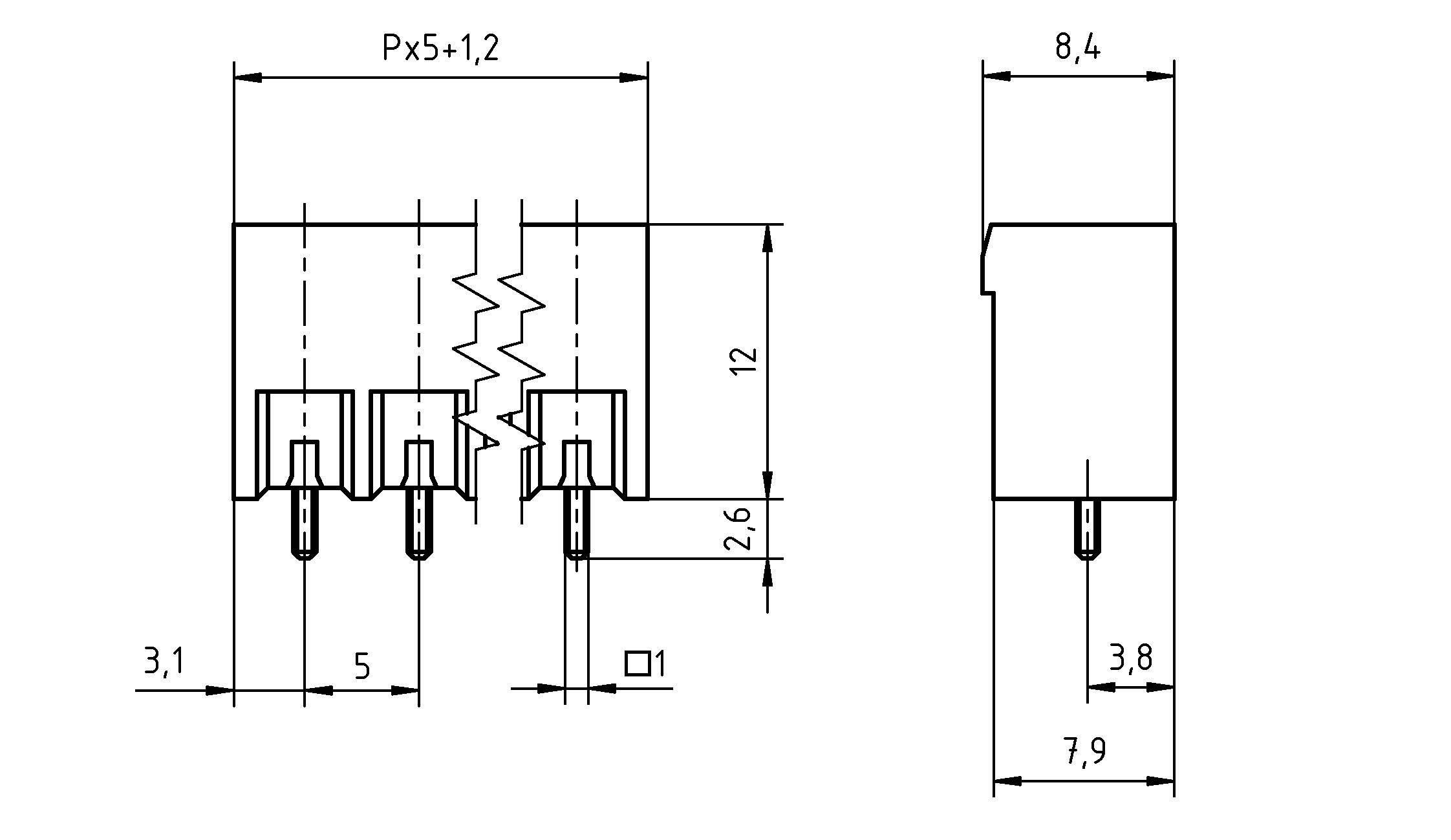 Technische Zeichnung einer elektrischen Komponente. Linke Ansicht zeigt drei Stifte; rechte Ansicht zeigt Abmessungen einschließlich 8,4 Breite und 12 Höhe.