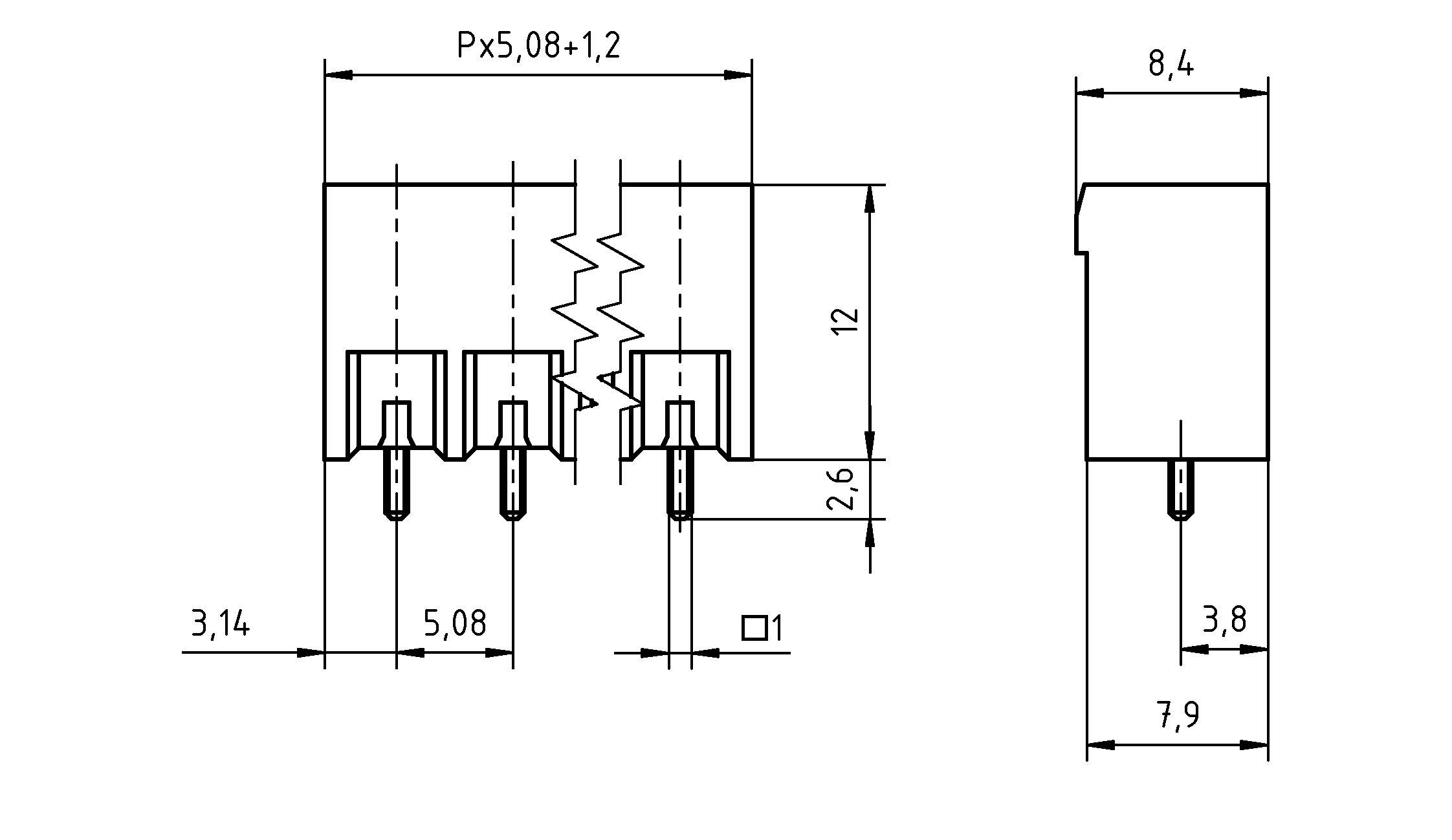 Technische Zeichnung einer elektronischen Komponente mit Abmessungen: Breite 5,08 mm, Höhe 12 mm, Tiefe 8,4 mm. Stiftlänge 3,8 mm.