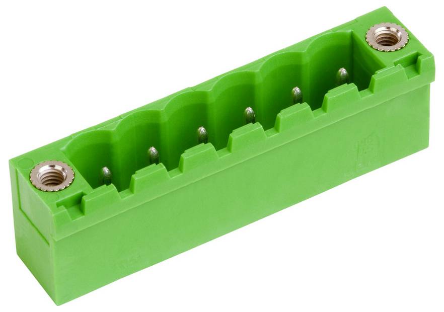 Ein grünes Industrie-Klemmleistenblock mit sechs Anschlussanschlüssen, konzipiert für sichere elektrische Verdrahtung.