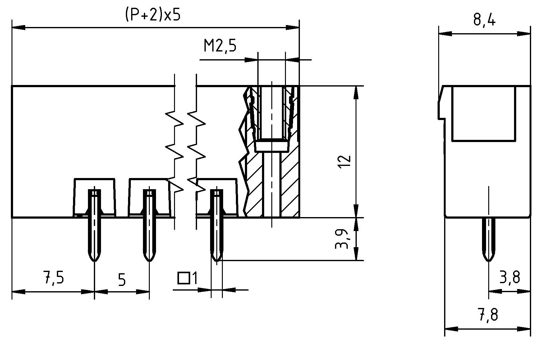 Technische Zeichnung einer elektronischen Komponente mit Abmessungen und Details. Die Messungen umfassen 7,5, 5, 12 und 3,9 Einheiten.