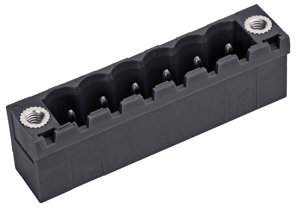 Eine schwarze Plastik-Elektronikkomponente mit gewindeten Metallbuchsen an jedem Ende und mehreren internen Anschlusspunkten für die Schaltungsintegration.