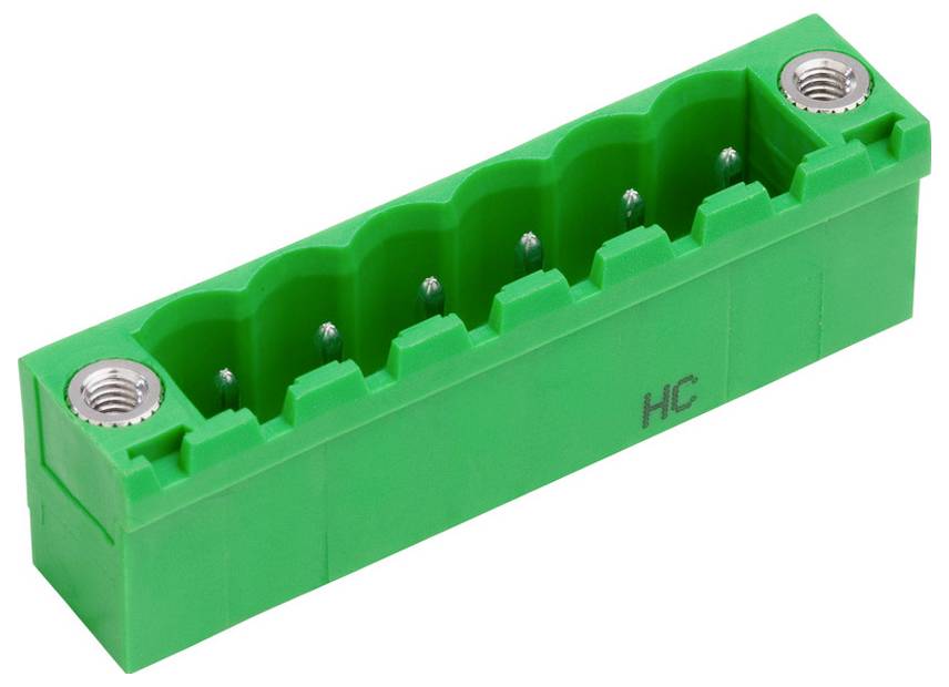 Eine grüne rechteckige Gehäuseeinheit für Steckverbinder mit sichtbaren Gewindestiften und mehreren Steckplätzen.