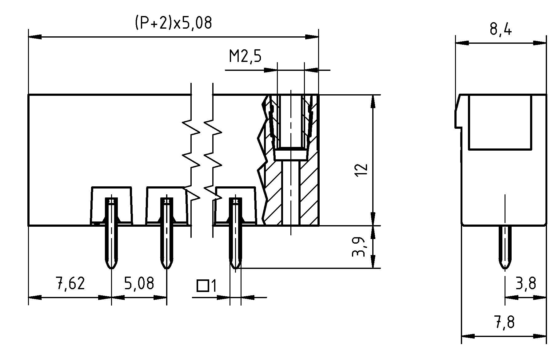Technische Zeichnung eines elektronischen Steckers mit beschrifteten Abmessungen: Breite 12, Höhe 8,4, verschiedene detaillierte Messungen für Teile.