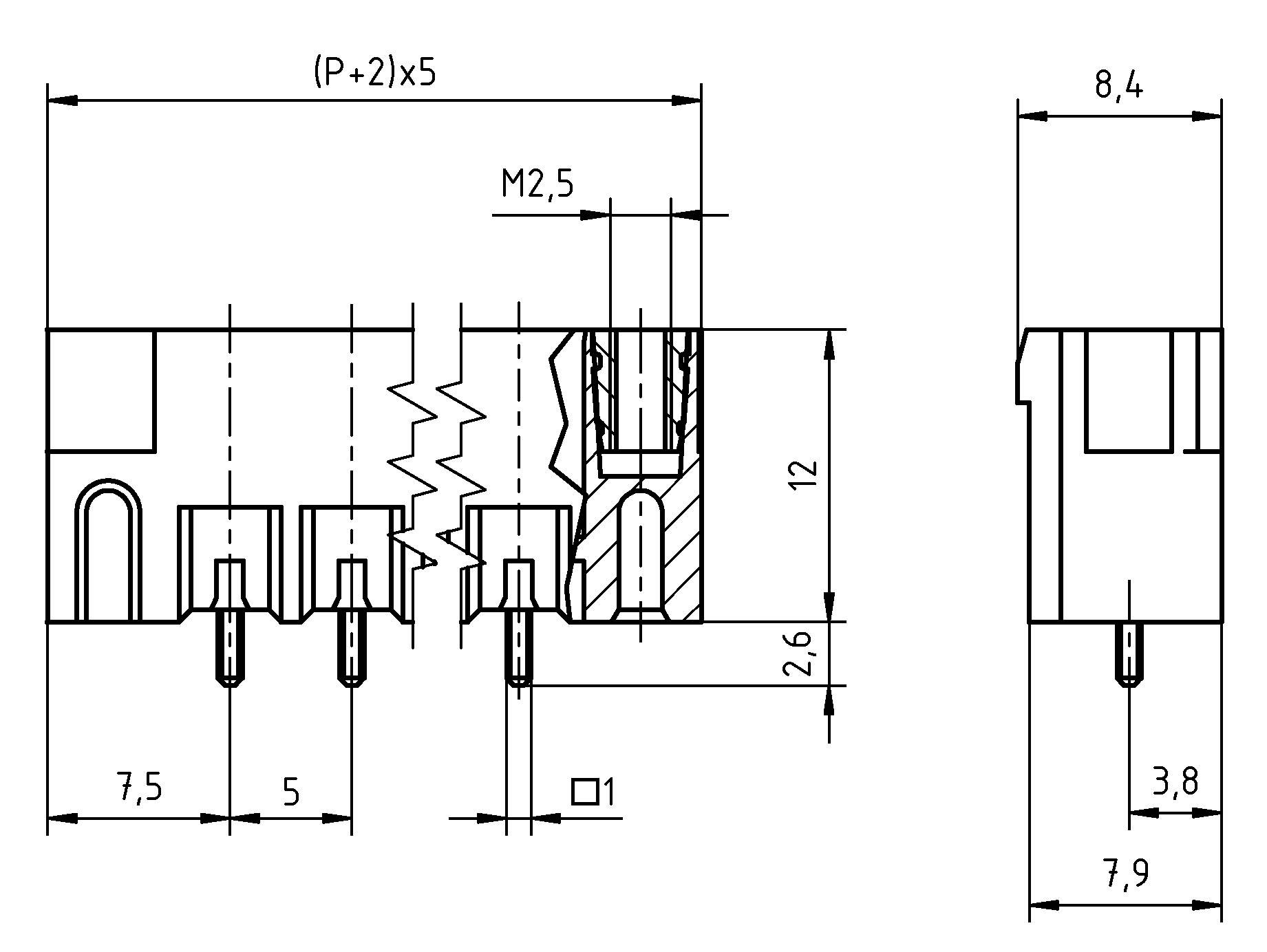 Technische Zeichnung eines Steckverbinders mit Abmessungen und verschiedenen Schnittansichten. Zeigt Messungen in Millimetern als Referenz für präzise Konstruktion.