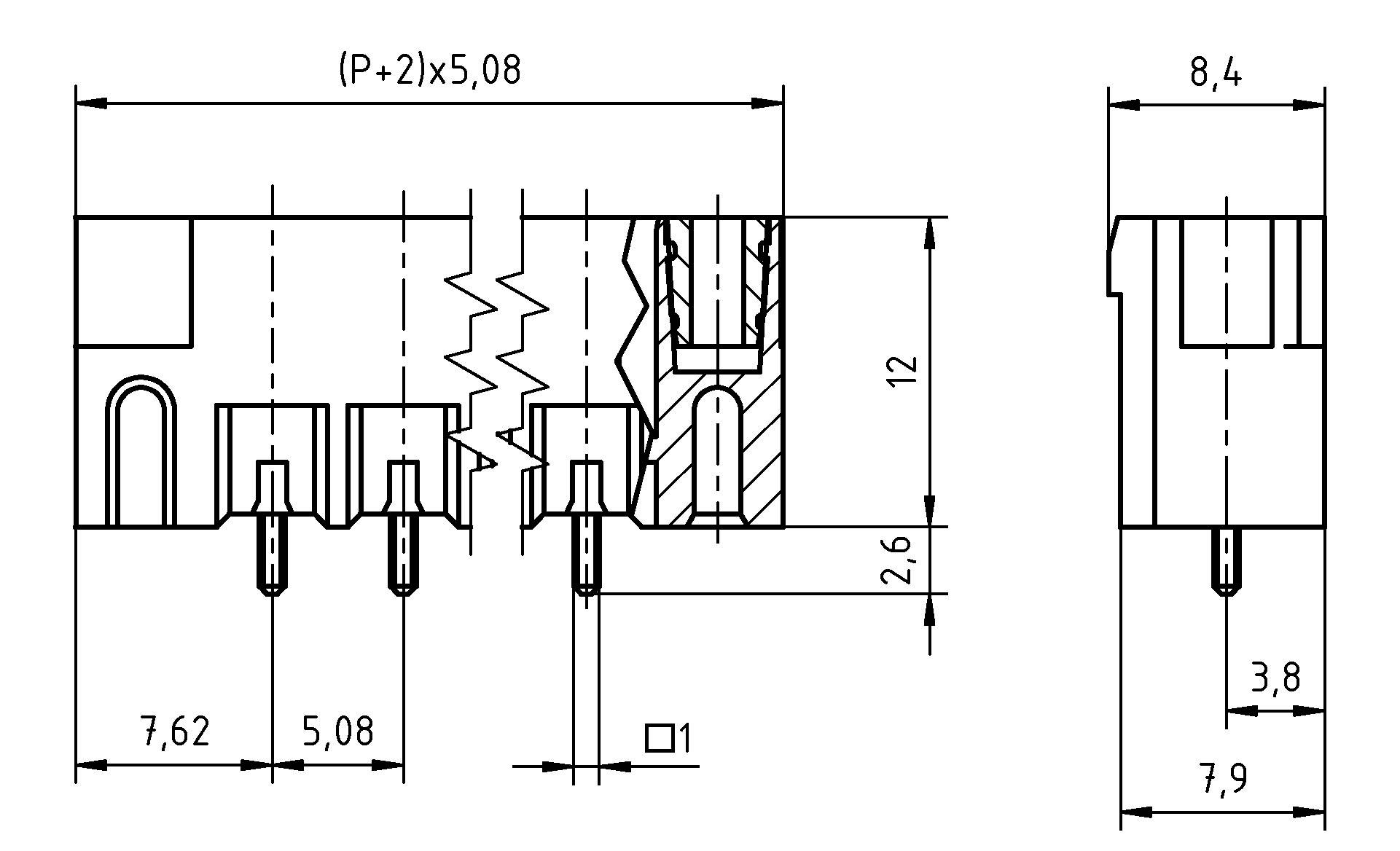 Technische Zeichnung einer elektronischen Komponente mit Abmessungen: Länge 12, Höhe 8,4 und Breite 7,62. Stiftabstand beschriftet 5,08.