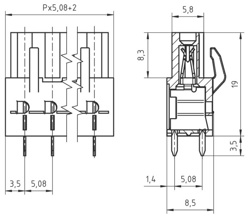 Technisches Schaltplan eines Steckers mit beschrifteten Abmessungen. Die linke Seite zeigt das Schaltungsschema mit Messwerten; die rechte Seite zeigt einen Querschnitt und hebt die innere Struktur hervor.