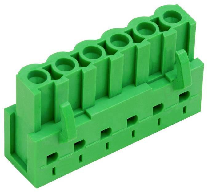Ein grüner, sechspoliger Klemmleistenverbinder mit rechteckiger Form und mehreren Anschlusspunkten.
