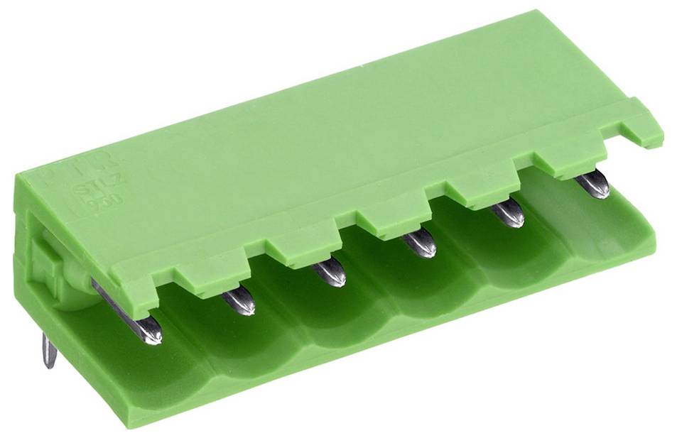 Ein grünes rechteckiges Klemmbloch mit mehreren Metallverbindungen für Drähte, das für elektrische Verbindungen in Schaltkreisen verwendet wird.