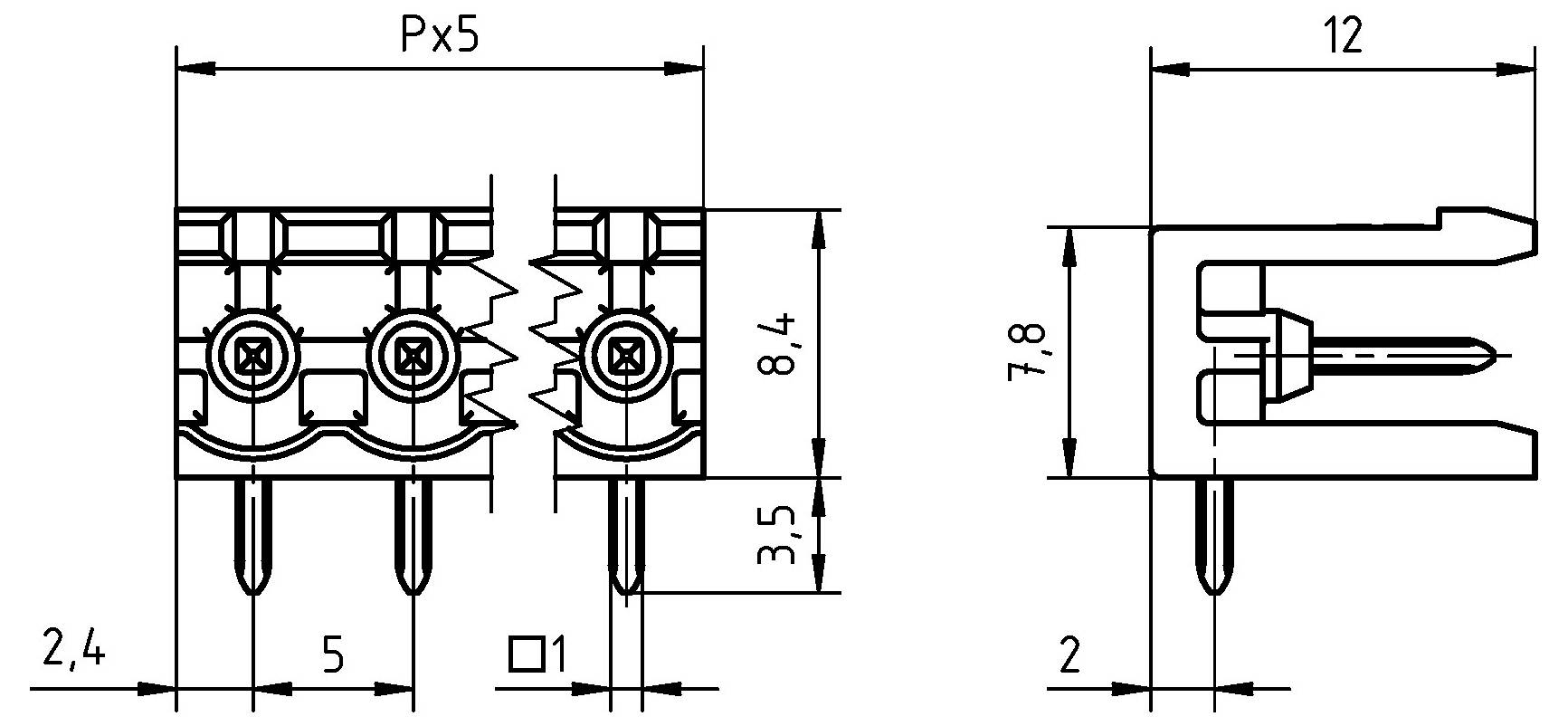 Technisches Diagramm eines Steckers mit Abmessungen: Breite Px5, Höhe 8,4 mm, Stiftabstand 5 mm, Gesamtabmessungen 12 mm mal 7,8 mm.