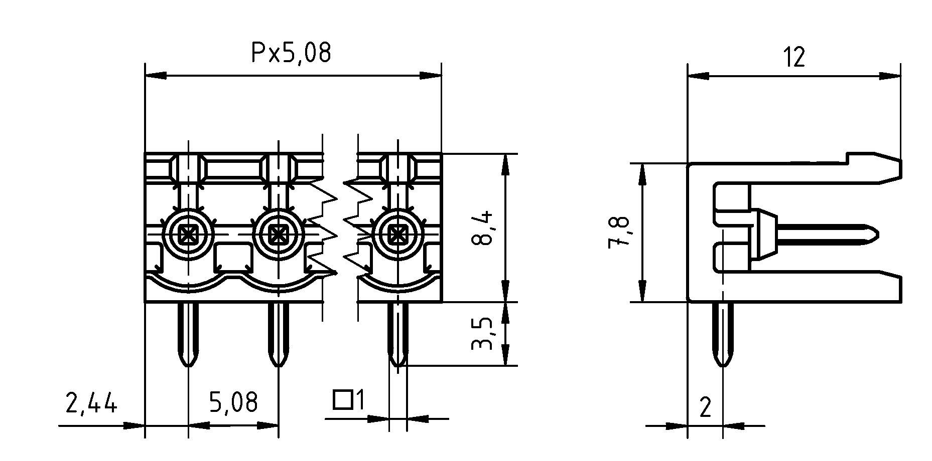 Technische Zeichnung eines 3-Anschluss-Blocks mit Abmessungen: Px5,08 mm, 8,4 mm Höhe, 3,5 mm Kern, 2,44 mm Basis und 12 mm Seitenlänge.