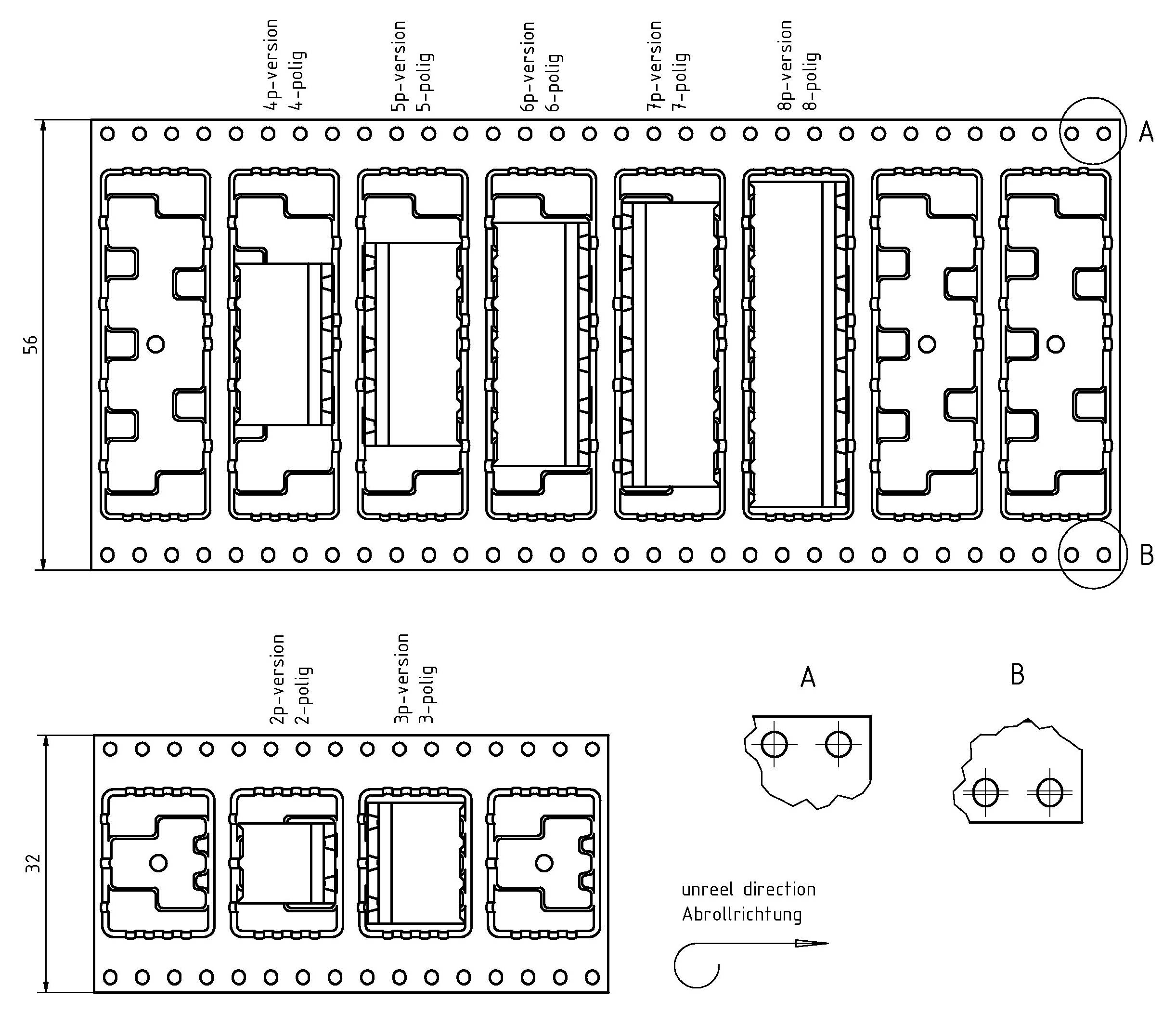 Schematik, die das Layout und die Messerdetails für elektronische Komponenten zeigt. Umfasst Schnittdarstellungen der Abschnitte A und B sowie eine Richtungsanzeige.