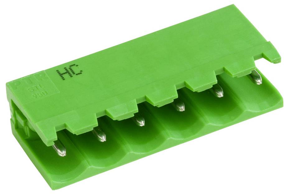 Ein grüner Kunststoff-Elektrostecker mit fünf Metallstiften, oben mit 