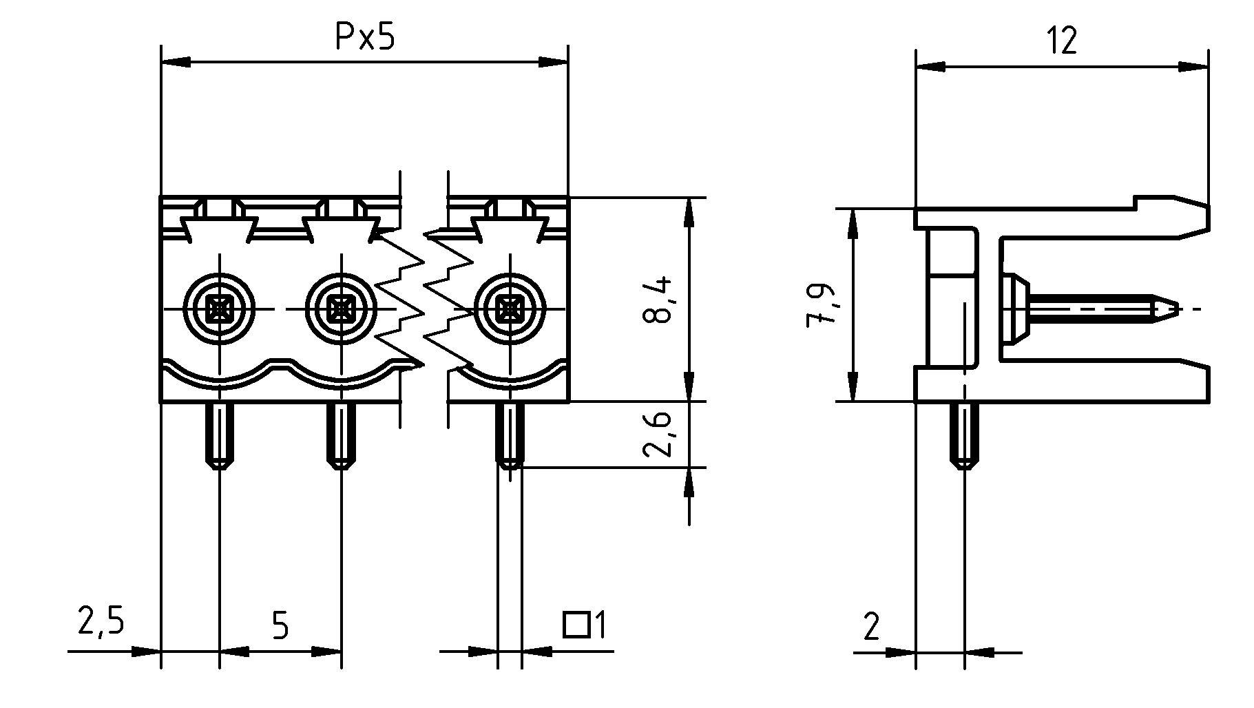 Technische Zeichnung eines elektrischen Steckers. Beschriftete Abmessungen: 2,5, 5, Px5, 12, 8,4, 2,6, 7,9, 2. Stifte und Schraubenlöcher sind sichtbar.