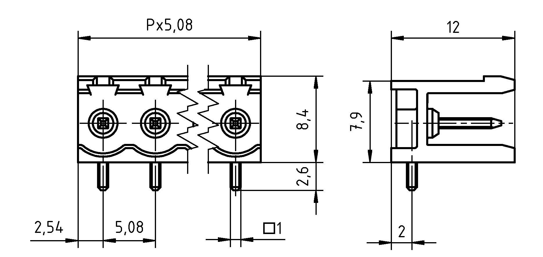 Technische Zeichnung eines Steckers mit beschrifteten Abmessungen, mit drei Schraubenanschlüssen und Maßen für Breite, Höhe und Abstände.