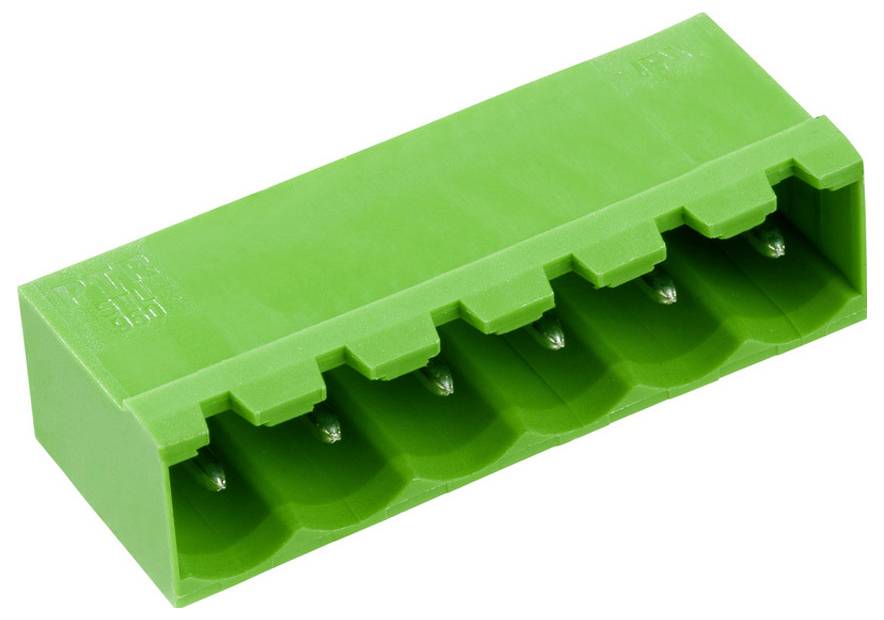 Grüner sechspoliger Klemmblock, schrägansicht von der Seite.