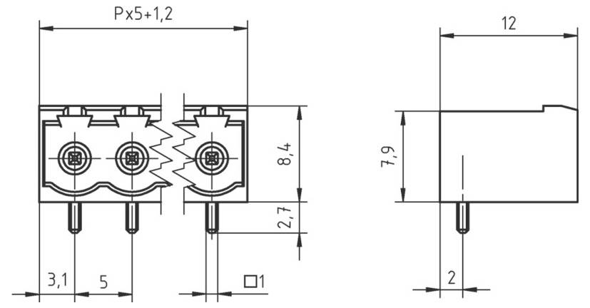 Technische Zeichnung eines dreipoligen elektrischen Steckers. Die Abmessungen umfassen 3,1mm und 5+1,2mm für die Breite, 8,4mm Höhe und 12mm Tiefe.