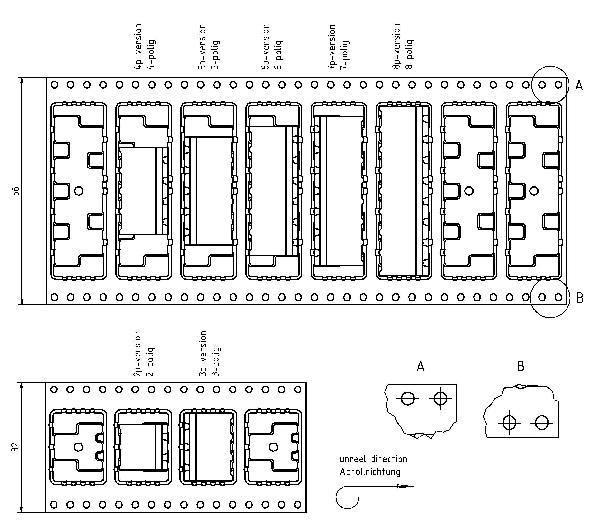 Technisches Diagramm zeigt Komponenten in einem Spulenband-Verpackungslayout. Wichtigste Abmessungen: 56 mm Breite, 32 mm Höhe, mit der Kennzeichnung „A-B