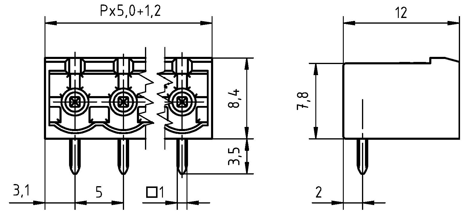 Technische Zeichnung eines Steckers mit in Millimetern beschrifteten Abmessungen: 3,1, 5, 12, 8,4, 3,5, 7,8, 2.