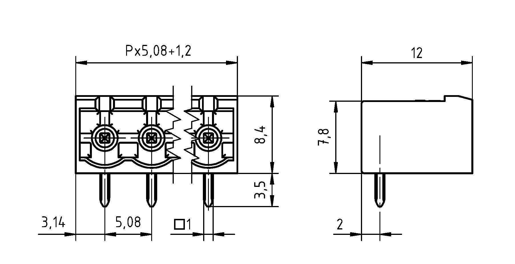 Technische Zeichnung eines dreipoligen Steckers mit beschrifteten Abmessungen: Breite 8,4 mm, Höhe 7,8 mm, Stiftabstand 5,08 mm und Länge 12 mm.