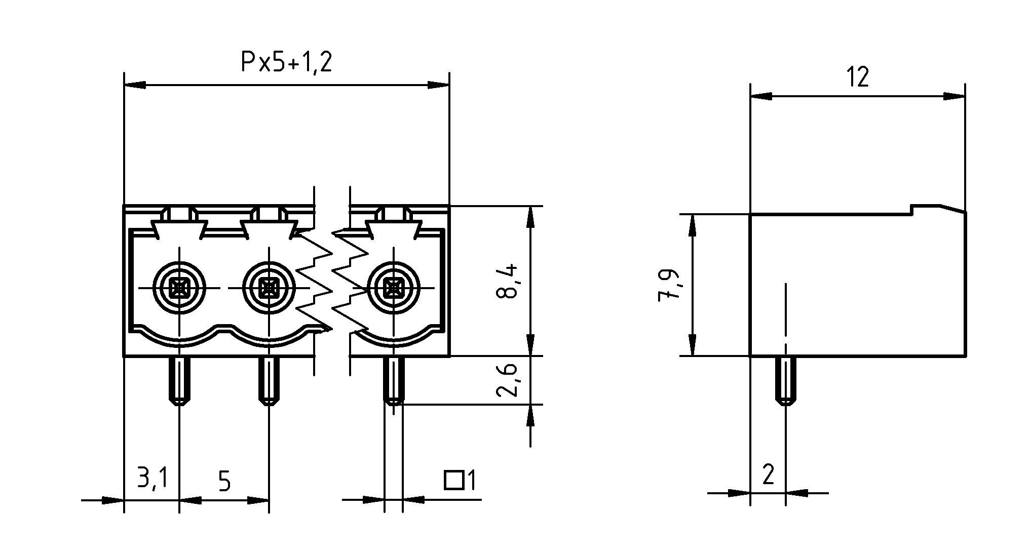 Technische Zeichnung eines dreipoligen elektrischen Steckers mit Abmessungen: Breite Px5+1,2, Höhe 8,4 mit 2,6 Abstand, Seitenbreite 12, Höhe 7,9, Pinabstand 5mm.
