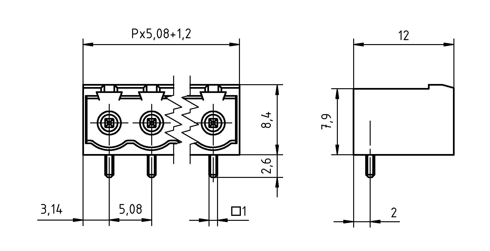 Technische Zeichnung eines Steckers mit Abmessungen: Breite 12mm, Höhe 8,4mm, Pinabstand 5,08mm, Pindurchmesser 1mm.