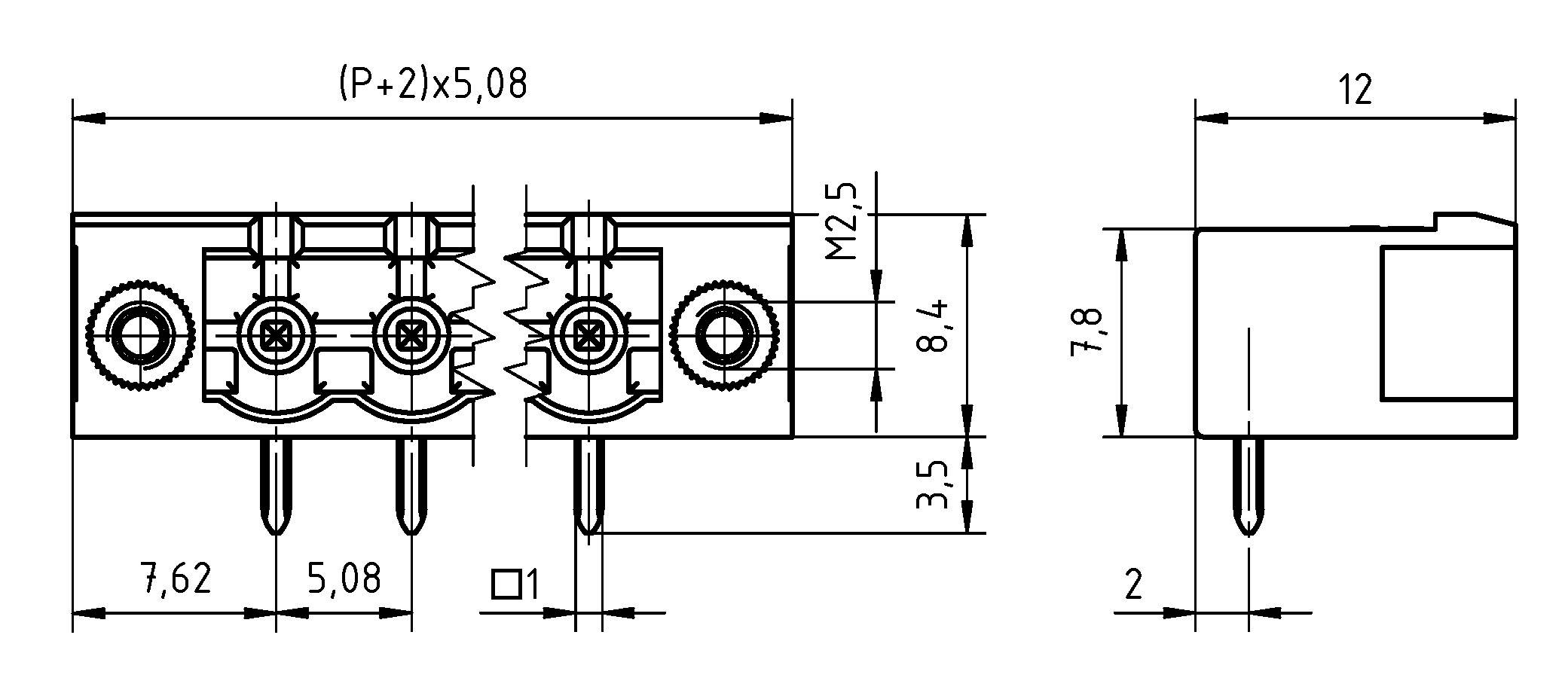 Technische Zeichnung eines Klemmblocks, zeigt Abmessungen: Länge 12, Breite 8,4 und Höhe 7,8 mm. Enthält Details zu Schraube und Stift.