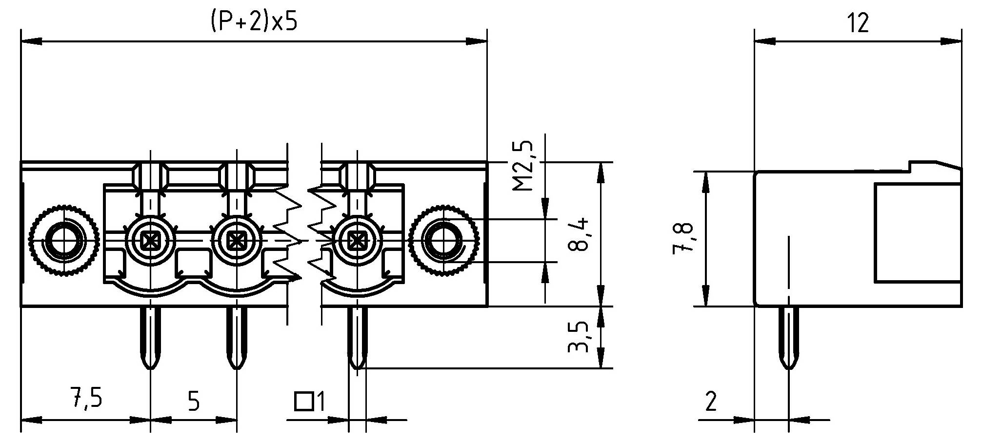 Technische Zeichnung eines Elektrosteckers mit Abmessungen: Breite 7,5 mm, Höhe 8,4 mm, Pinabstand 5 mm, Pinhöhe 12 mm.