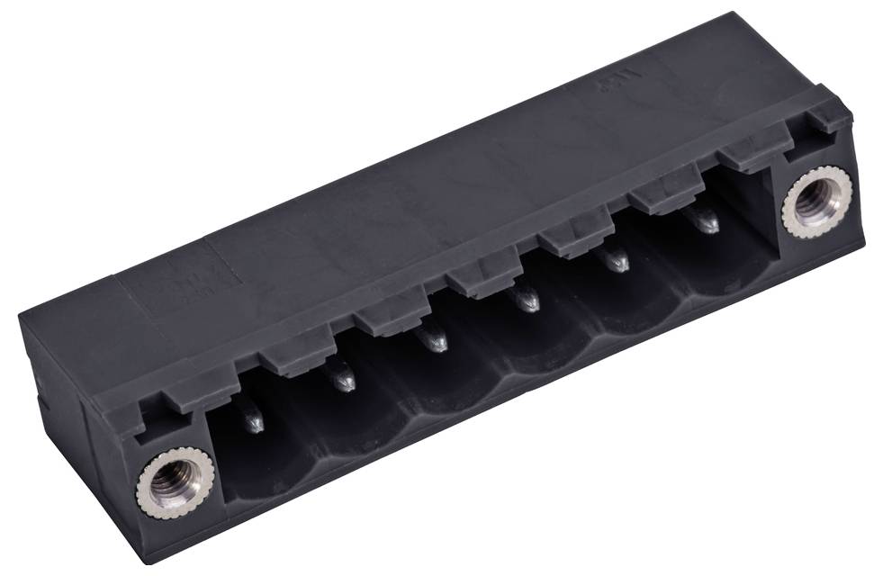 Ein schwarzes Schraubklemmenblock mit acht Anschlüssen, der zur Sicherung von Drahtverbindungen in elektrischen Installationen verwendet wird.