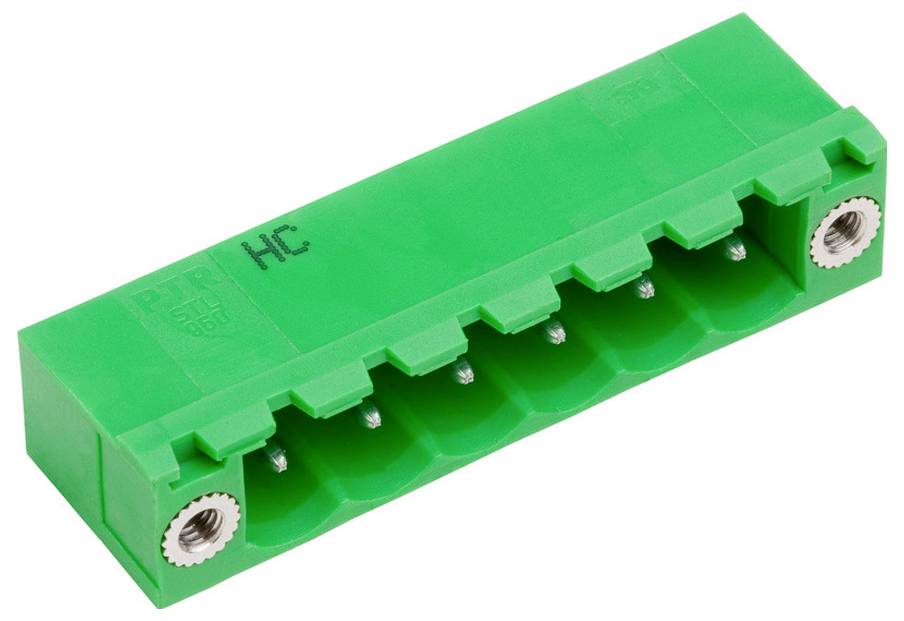 Ein grünes Klemmenbloc mit sechs Positionen und zwei Metalleinschüben für elektrische Verbindungen.