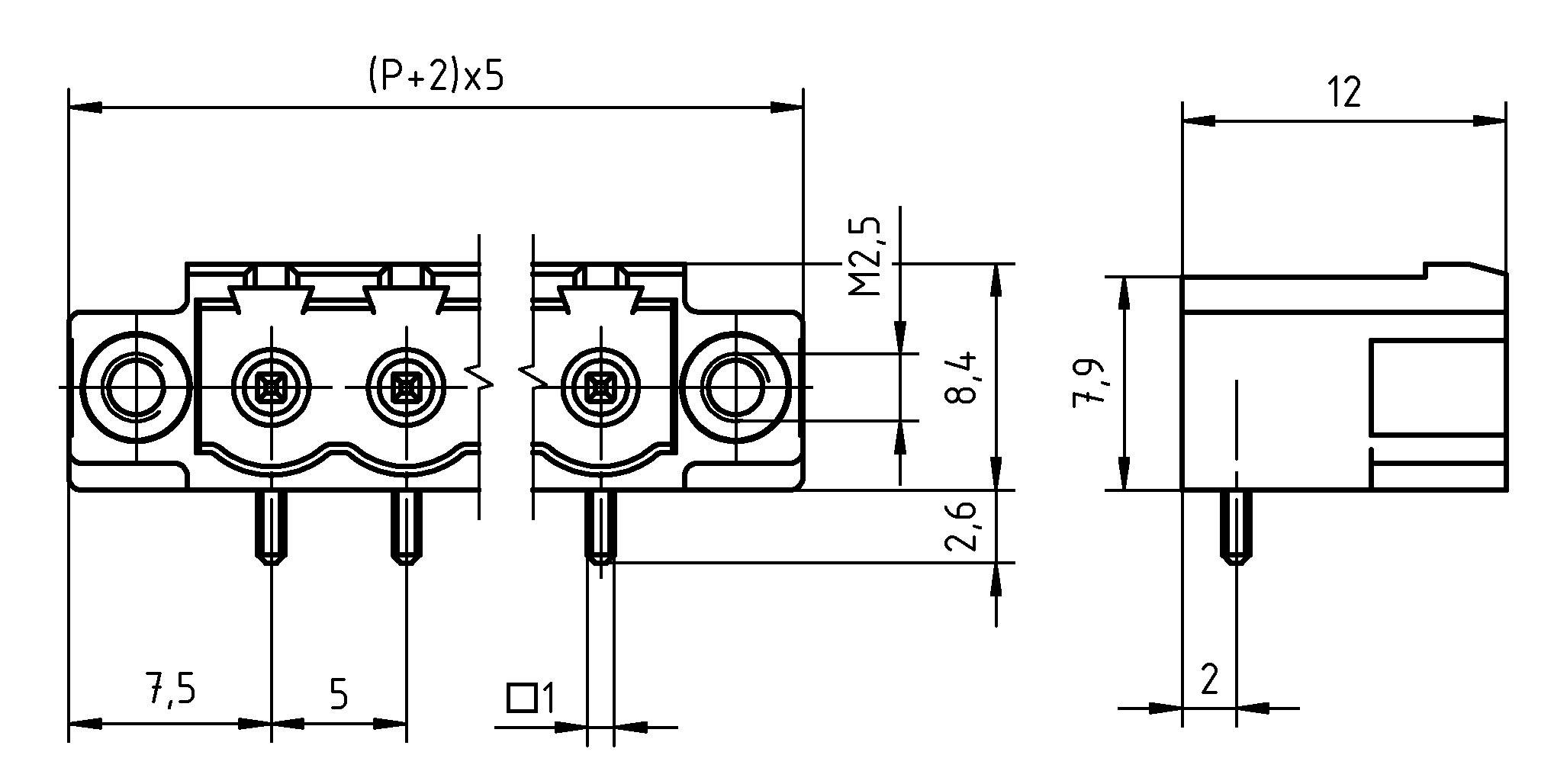 „Diagramm eines 3-poligen Elektrosteckers mit Abmessungen: Breite (P+2)x5, Länge 7,5, Höhe 12. Detailansichten zeigen Pinabstand und Tiefe.