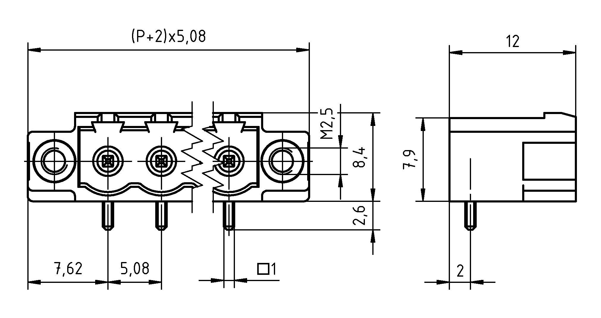 Technische Zeichnung eines vierpoligen elektrischen Steckers. Abmessungen und Abstände sind annotiert: Höhe 8,4mm, Breite 7,9mm, Tiefe 12mm.