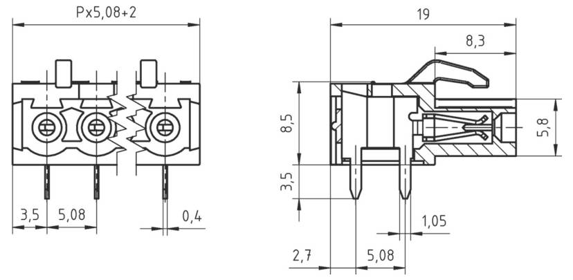 Technisches Diagramm eines zweipoligen Klemmblocks mit Abmessungen in Millimetern. Front- und Seitenansichten zeigen detaillierte Messwerte und Spezifikationen.