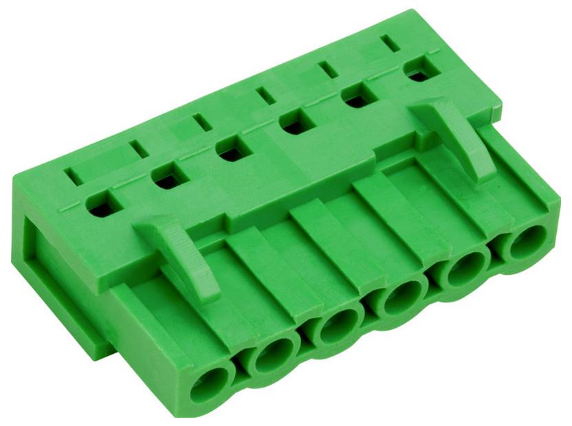 Ein grüner Kunststoff-Elektrostecker mit sechs Steckplätzen, entwickelt für sichere Verbindungen in elektronischen Geräten oder Verdrahtungssystemen.