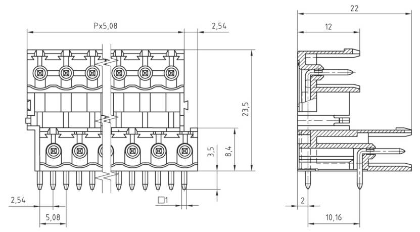 Technische Zeichnung eines elektrischen Steckers mit Abmessungen: Breite 12, Höhe 7,9 und Stiftabstand 7,62. Verschiedene Dimensionen sind gekennzeichnet.