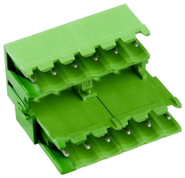 Grüner Elektro-Anschlussblock mit zwei Reihen von Anschlussöffnungen für Verdrahtungsanwendungen.