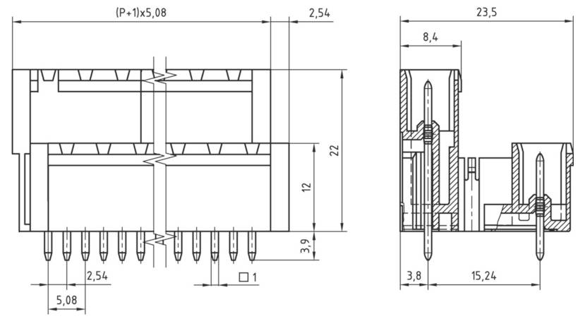 Technische Schemazeichnung einer elektronischen Komponente mit zwei Reihen und Durchstecklöchern. Abmessungen: 23,5 mm x 22 mm x 15,24 mm, mit 5,08 mm Pinabstand.