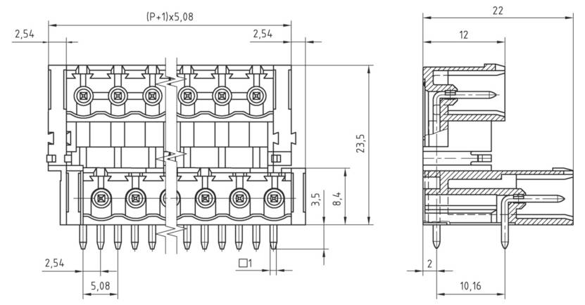Technische Zeichnung eines elektronischen Steckers mit Draufsicht und Seitenansicht, einschließlich detaillierter Maßangaben und Komponentenpositionen.