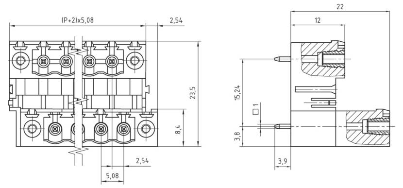 Technisches Schaltbild mit Abmessungen und Layout eines Elektrosteckers mit Angaben in Millimetern, einschließlich Montage- und Kontaktdetails.