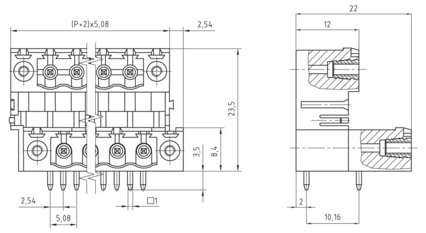 Technisches Schaltplan eines Relais-Komponente mit detaillierten Maßangaben in Millimetern. Wichtige Abmessungen umfassen eine Höhe von 23,5 mm und eine Breite von 22 mm.