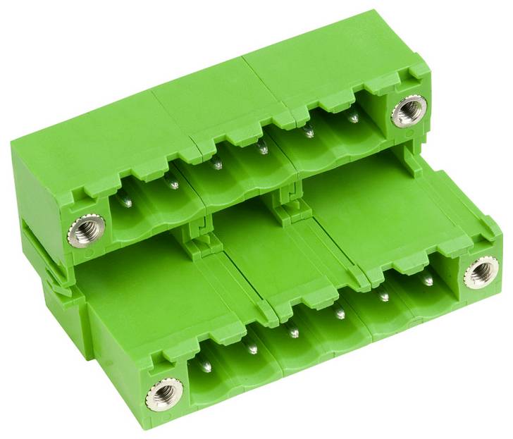 Ein Stapel grüner modularer Elektrostecker mit Metallschraubklemmen, die zum Verbinden mehrerer Drähte in einem Stromkreis verwendet werden.