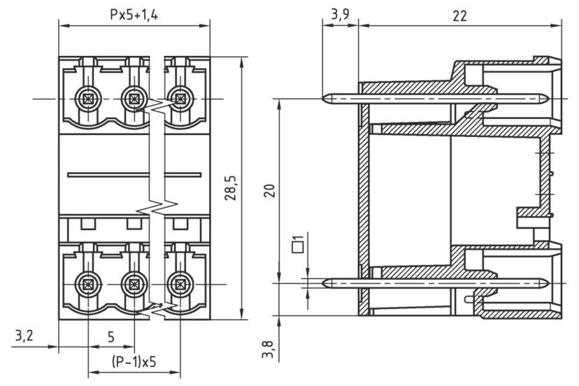 Technische Zeichnung einer elektrischen Komponente mit Vorder- und Seitenansicht und Maßangaben. Die Details umfassen Positionen und Abmessungen der Schraubenlöcher.