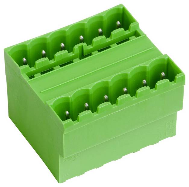 Ein grüner Klemmblock mit mehreren Anschlussplätzen, der zum Verbinden von elektrischen Drähten auf Leiterplatten oder in Elektroverteilern verwendet wird.