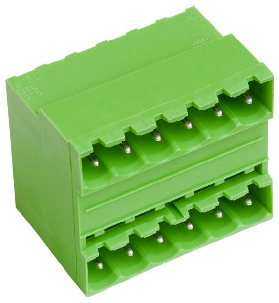 Ein grüner elektrischer Anschlussblock mit mehreren Anschlussschlitzen, entwickelt für Verdrahtungs- und Schaltungsanwendungen.