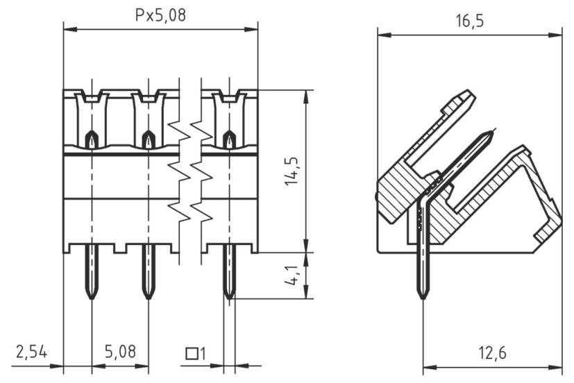 Technische Zeichnung eines elektrischen Steckers mit Maßangaben. Die Vorderansicht zeigt drei Stifte mit einem Abstand von 5,08 mm. Die Seitenansicht zeigt eine Höhe von 14,5 mm und eine Breite von 16,5 mm.