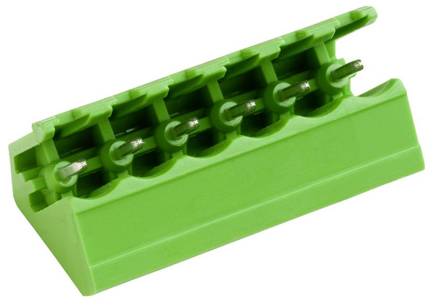 Ein grünes Leiterplatten-Steckklemmen mit fünf Metallstiften, das zum Anschluss von Elektrokabeln an eine Leiterplatte verwendet wird.