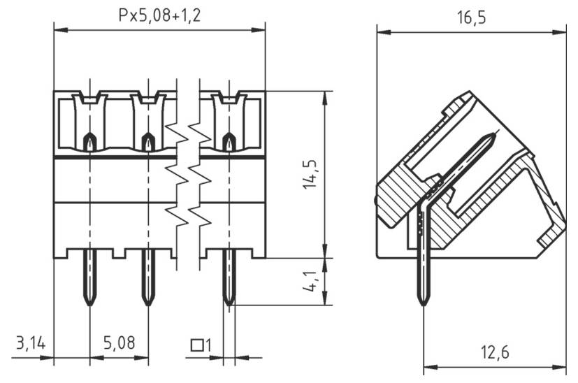 Technische Zeichnung eines abgewinkelten Steckers mit Abmessungen. Breite: 16,5 mm, Höhe: 14,5 mm, Stiftabstand: 5,08 mm, Stiftbreite: 1,2 mm.