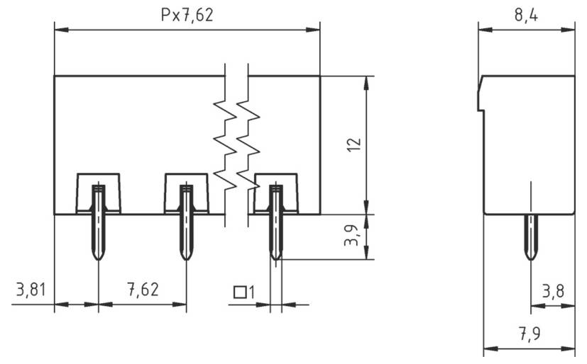 Technische Zeichnung einer elektronischen Komponente mit drei Anschlüssen mit detaillierten Abmessungen in Millimetern, einschließlich Höhe, Breite und Pinabstand.