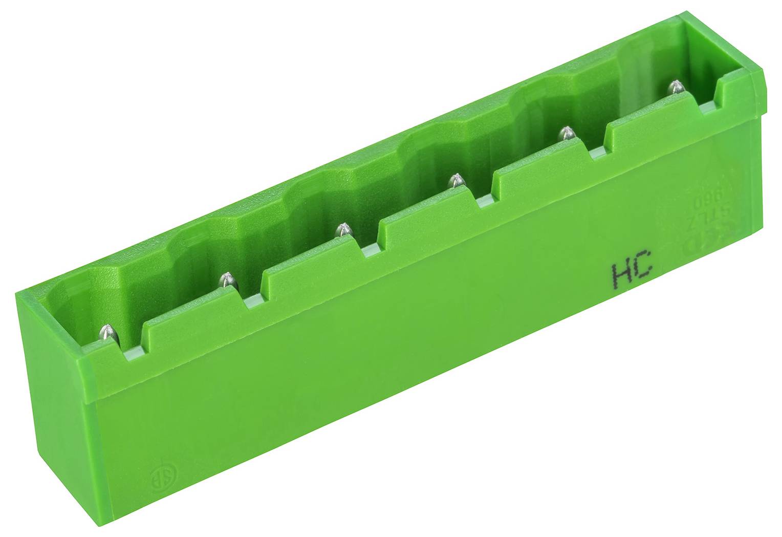 Ein grüner Kunststoffhalter mit gleichmäßig verteilten Fächern, gekennzeichnet mit 'HC,' zur Aufbewahrung oder zum Halten kleiner zylindrischer Objekte.