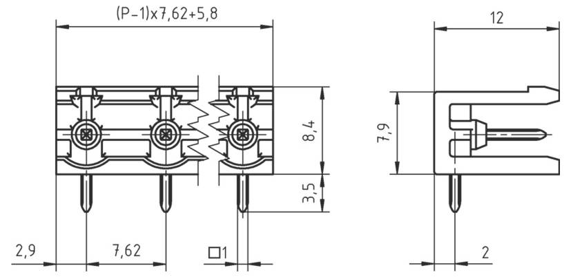 Technische Zeichnung eines elektrischen Steckers mit Seiten- und Draufsichten. Abmessungen: 12,5 mm Breite, 9,2 mm Höhe, 3,6 mm Tiefe.