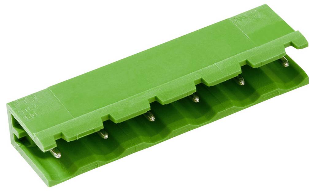 Ein grüner elektrischer Stecker mit acht Steckplätzen, der zur Schaltung oder Geräteverbindung in elektronischen Anwendungen verwendet wird.